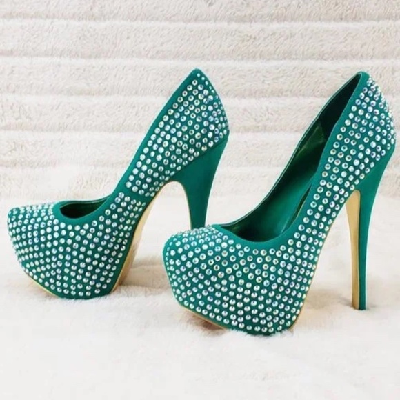 * Alba Georgous Sea Green 6" Rhineston High Heel Platform Pumps - Picture 2 of 5
